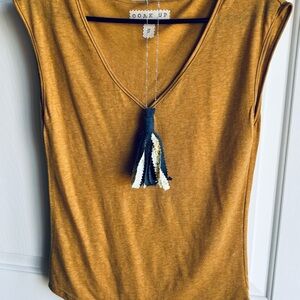 Women’s Size Small Mustard Sleeveless Top with Upcycled Tassel Necklace